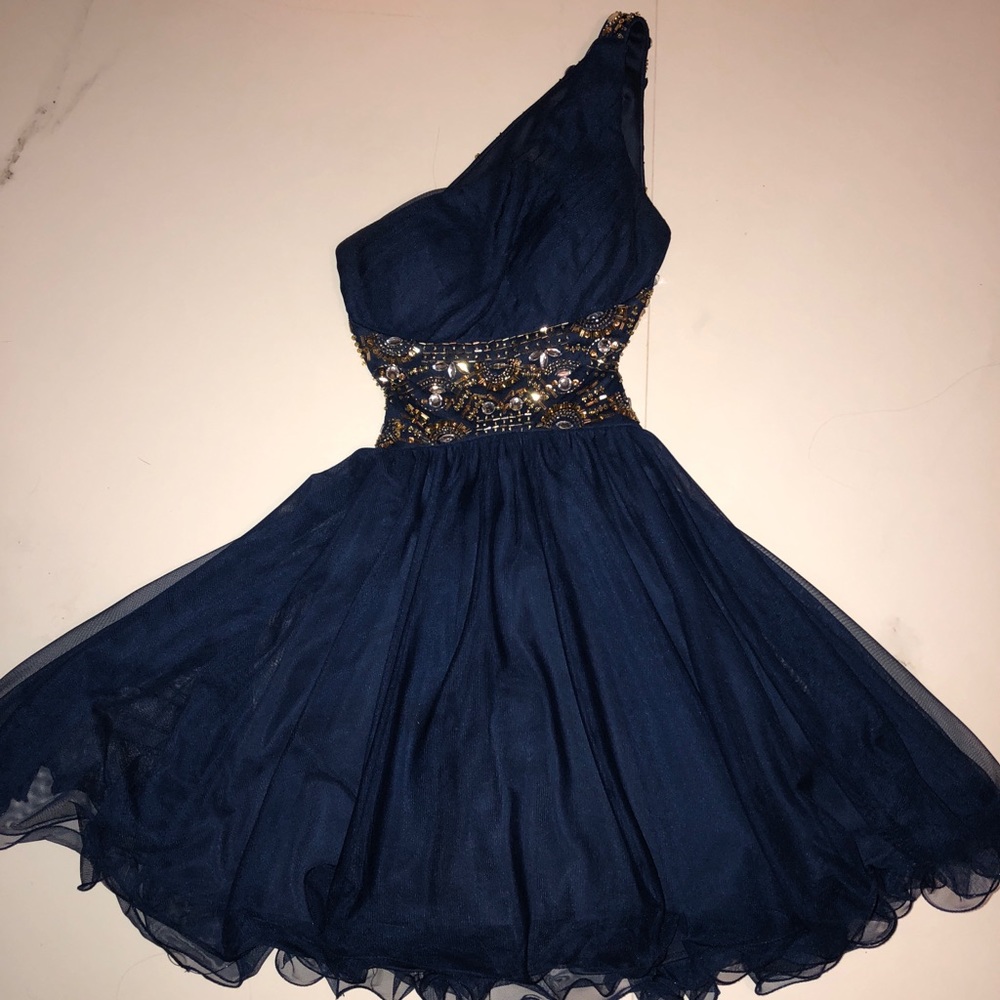 One shoulder navy blue shirt dress
